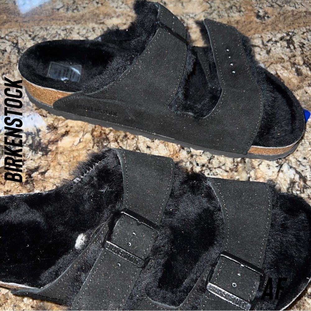 BIRKENSTOCK ARIZONA SHEARLING SUEDE LEATHER IN BLACK NWT - Picture 3 of 6